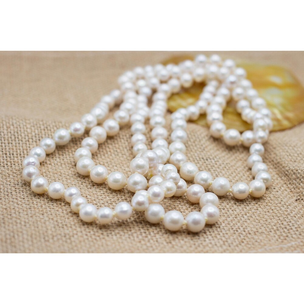 52 “ Hand Knotted White Freshwater Long Pearl Necklace. Classic Opera Jewelry.